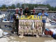 A happy group of guys show off their catch of walleye, perch and steelhead.