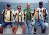 Four men with fists full of fish.